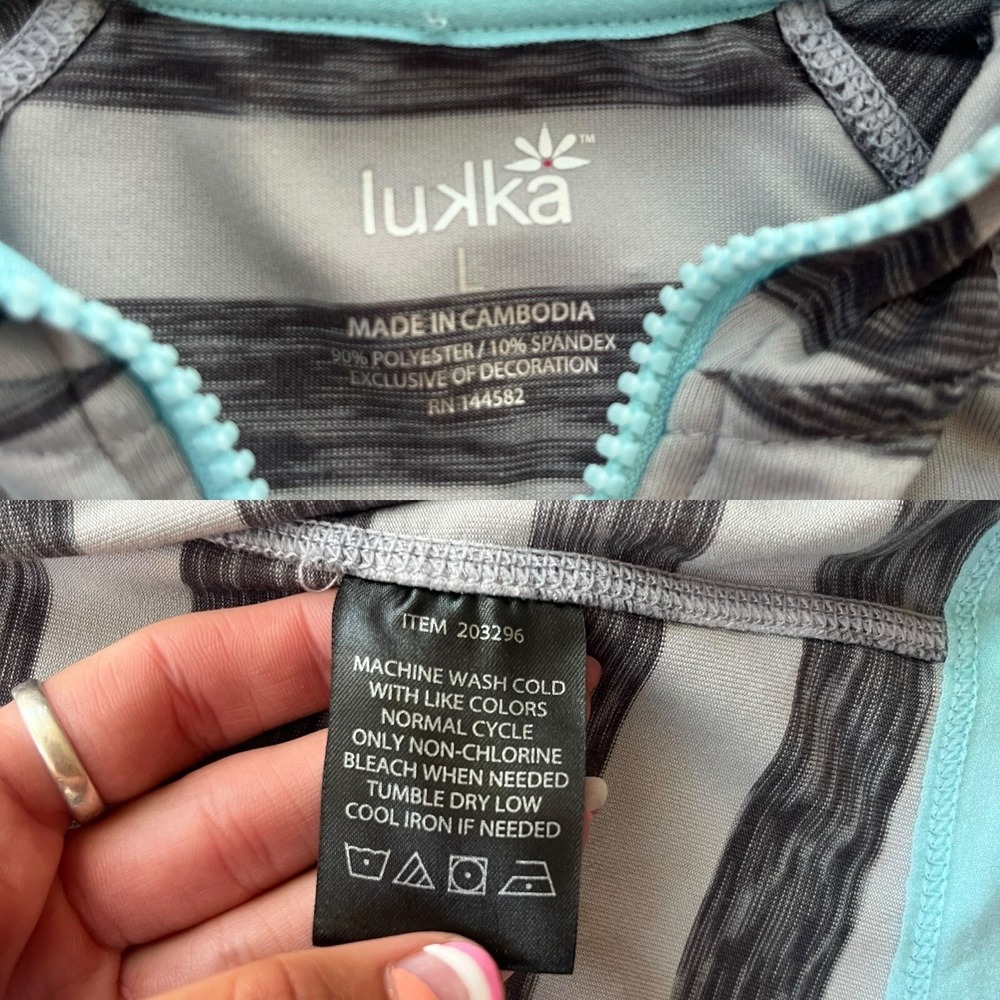 Lukka Women's L Grey Turquoise Striped Full Zip Thumbholes Active Hoodie Sporty - Picture 3 of 16